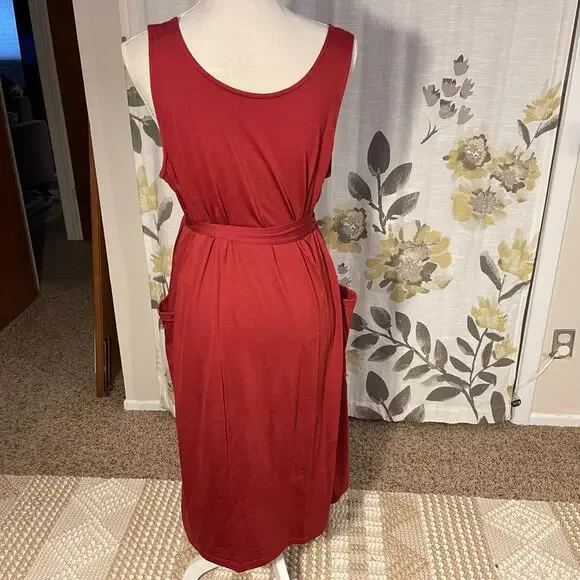 Reversible Wool& Summer Red Sleeveless Midi Dress with Pockets Belt, size large - Picture 4 of 13